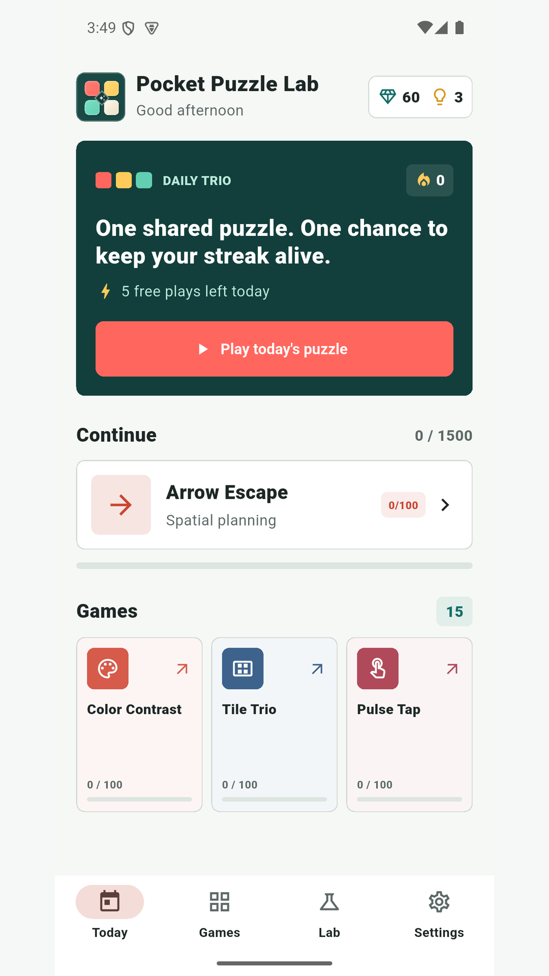 Pocket Puzzle Lab daily home screen